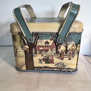 Vintage Christmas Tin Basket Village Scene Greetings 1983 Cheinco USA